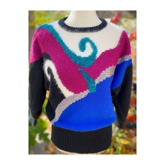 80s Color Block Knit Sweater Crew New Wave Colour Block Sz M - Picture 2 of 13